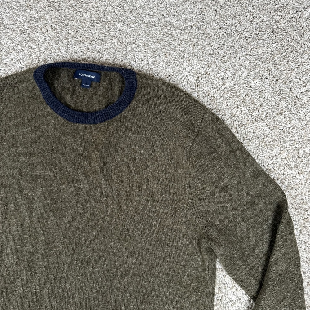 J Crew Sweater Mens L Green Crewneck Ribbed Contrast Hem Cotton Wool - Picture 5 of 12
